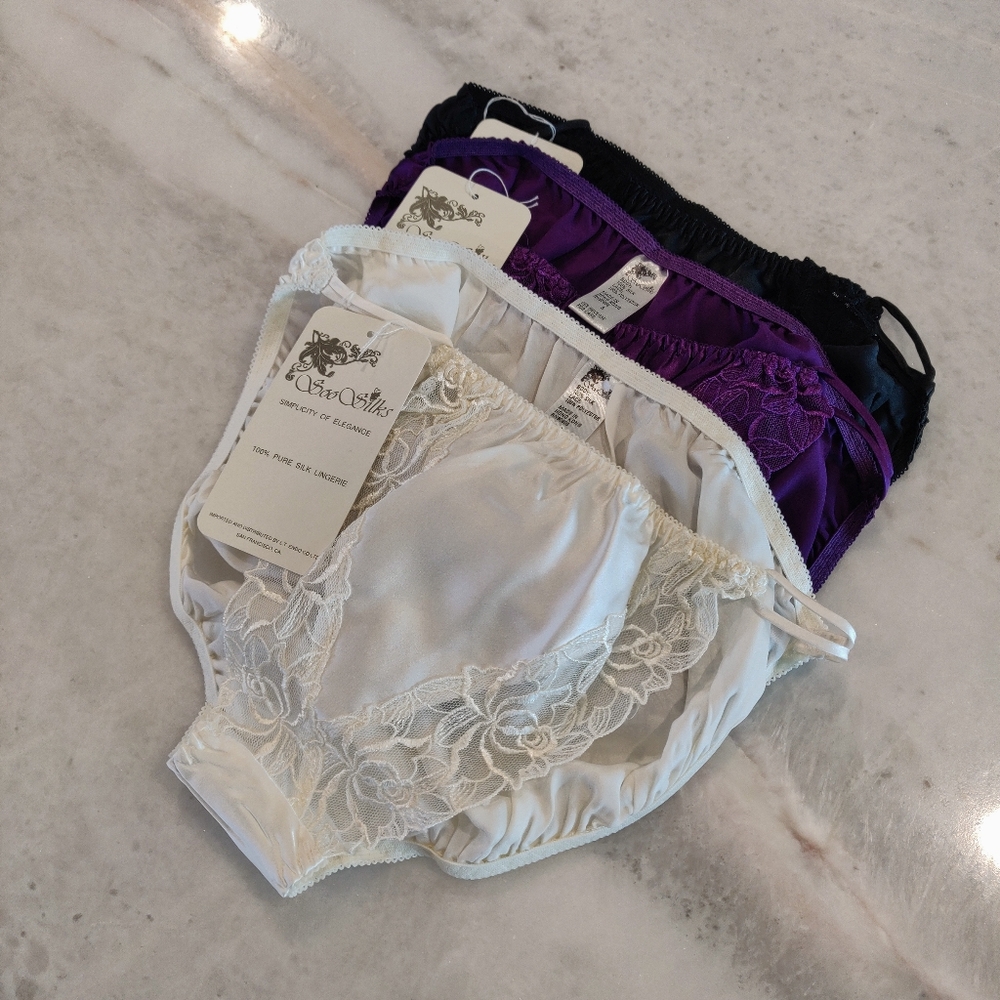 3 PCS NWT Silk Panties with Floral Lace Trim | Vintage Satin Briefs